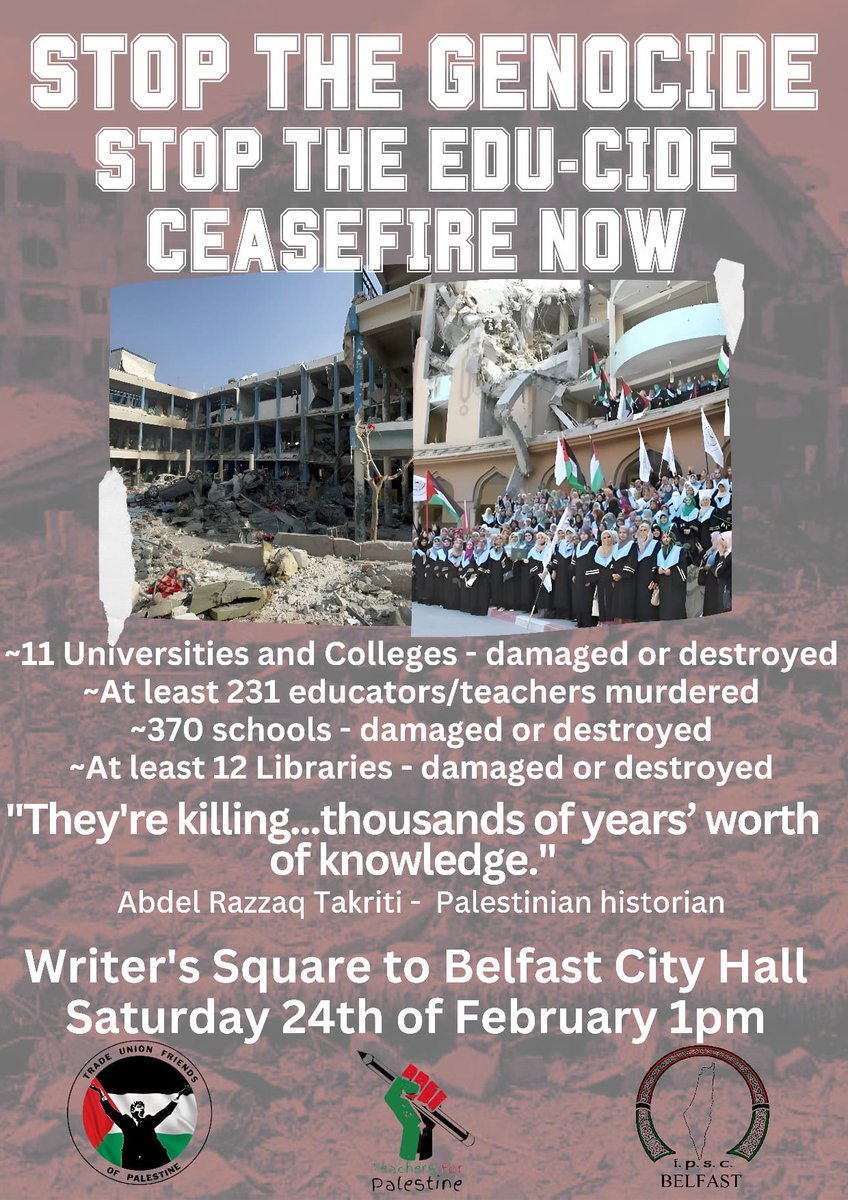 Stop the genocide!! Saturday 1pm Writers Square #Belfast 🇵🇸✊️