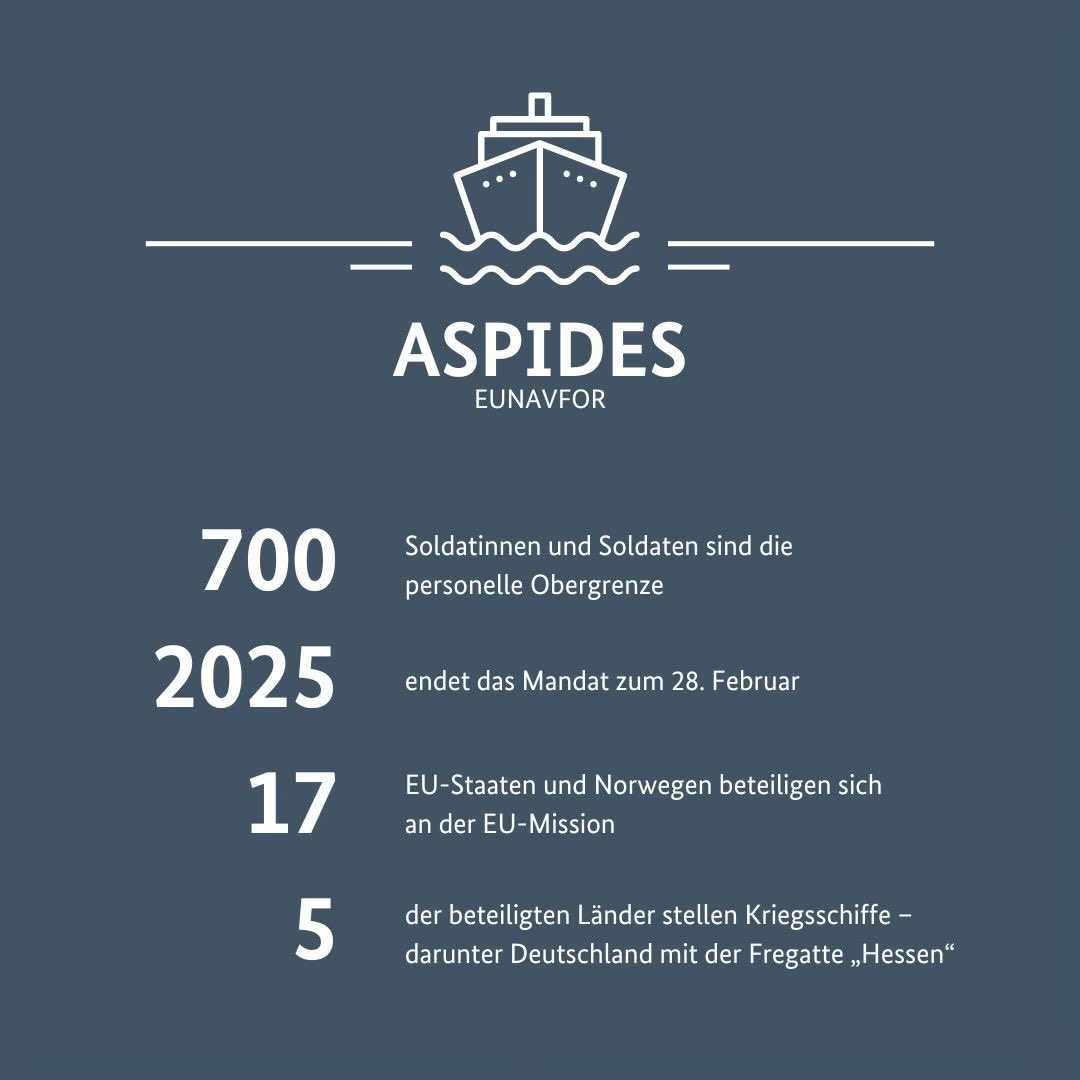 Germany at NATO on X: "The #Bundeswehr will take part in the EU-led #EUNAVFOR Operation #ASPIDES with a deployment of frigate Hessen and up to 700 soldiers. The one-year mandate has just