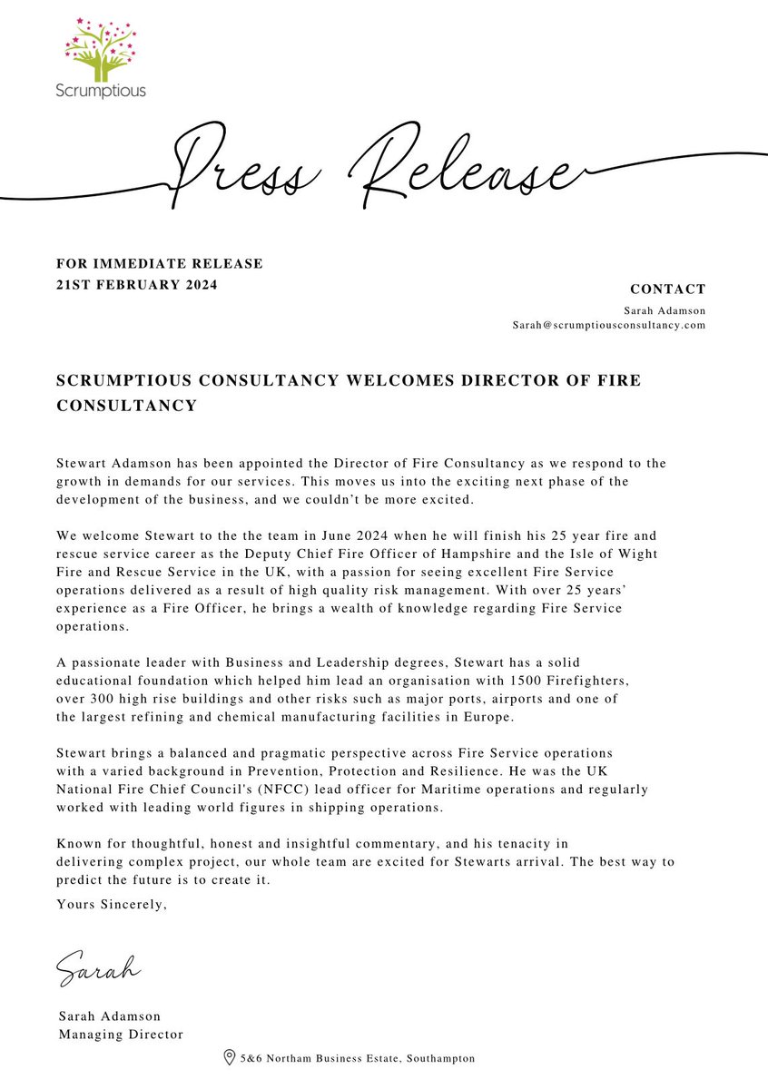 Exciting news for Scrumptious Consultancy!

We will soon be welcoming our new Director of Fire Consultancy Stewart Adamson. 

Read below to find out more 👇

#fireconsultant #fireindustry #fire #consultant