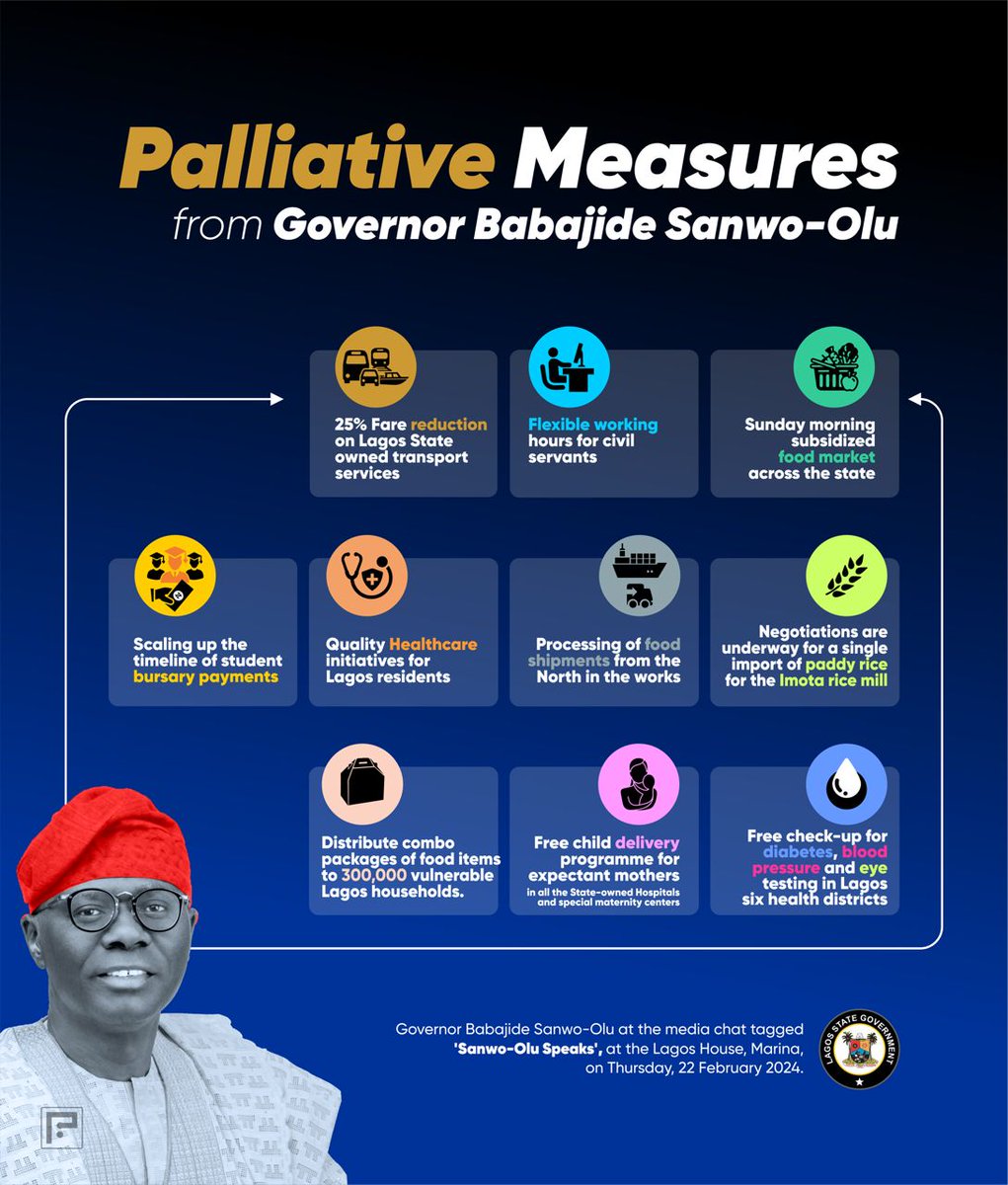 Palliative measures from Governor Babajide Sanwo-Olu

1. 25% fare reduction on Lagos State owned transport services. 

2. Flexible working hours for civil servants, teachers to get succor. 

#LagosCares #GreaterLagosRising