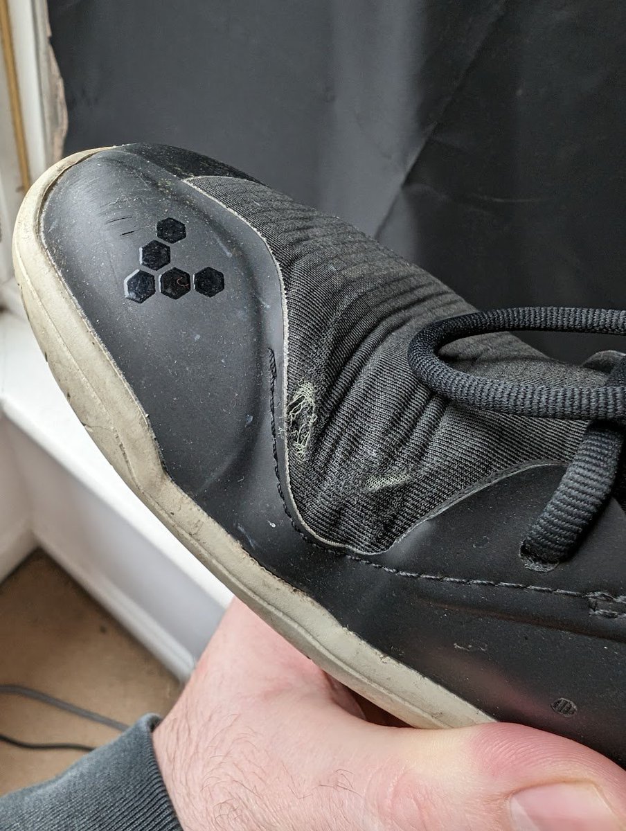 MarkWoulfe's tweet photo. @VIVOBAREFOOT I've barely had these primus lite all weather shoes 6 months and the fabric is forming a hole along the crease marks already! I can't help but think this is compromising their 'all-weather' nature and they cost over well over £100. Can I get some help please? https://t.co/4XT2CwM1DE