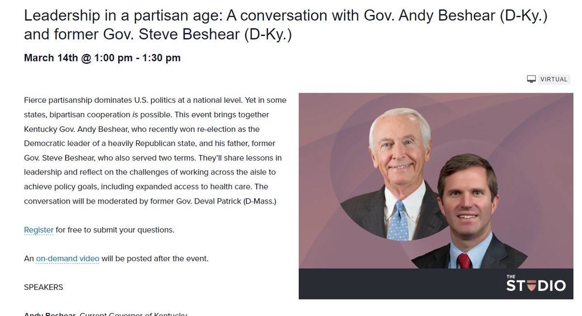 The current &amp; former Beshear governors are doing a joint event at the Harvard Chan School of Public Health on "leadership in a partisan age" next month.

Conversation will be moderated by fmr MA gov (&amp; one-time prez candidate) Deval Patrick.