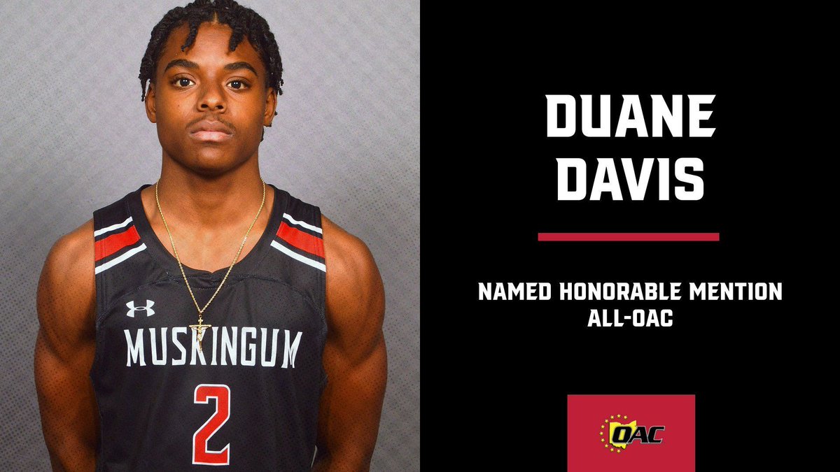 Muskingum sophomore point guard Duane Davis has been named Honorable Mention All-OAC for his outstanding performance on the court! 🏀 🔥 #DefendTheM @MuskingumHoops