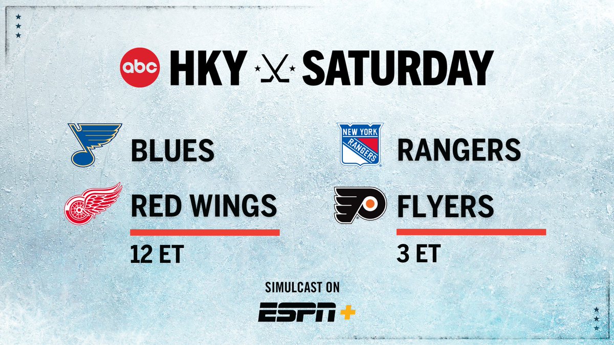 Saturday, #NHL action continues on ABC & @ESPNPlus 🏒 Noon ET | #stlblues at #LGRW 🎙️ @espnbob, @KevinWeekes, @leahhextall 🏒 3p ET | #NoQuitInNY at #LetsGoFlyers 🎙️ Sean McDonough, @rayferraro21, @emilymkaplan Studio | @espnSteveLevy, Mark Messier, @PKSubban1, @Arda