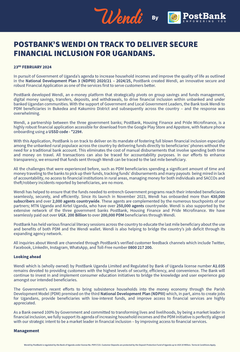 PostBank's Wendi remains dedicated to delivering secure financial inclusion for Ugandans.

#SecureBanking #FinancialInclusion #WendiCares #WendiWallet #WendiWonaWooli #Ugandans #Banking #Finance #MobileWallet #PDM #LocalGovernment #UgandaNews 

<a href="/mofpedU/">Ministry of Finance</a> <a href="/PDMSecretariat/">Parish Development Model</a>
