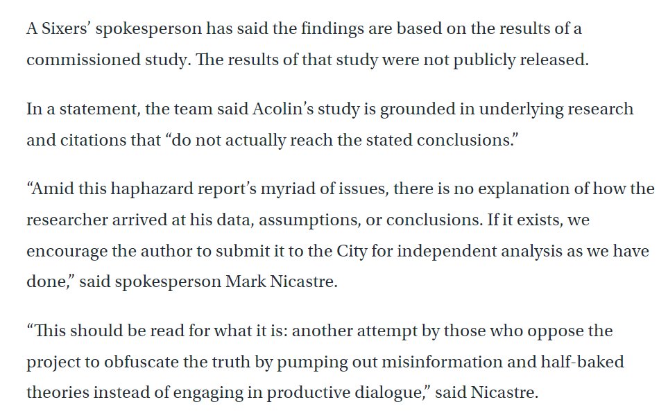 The cognitive dissonance here is quite amazing. 76ers refuse to release a study it commissioned, which claims to identify huge economic impacts, while complaining that a contrary study has 'no explanation of how the researcher arrived at his data, assumptions, or conclusions.'