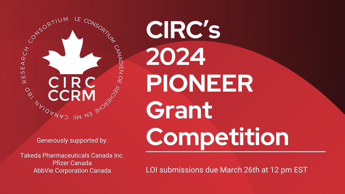 The Canadian IBD Research Consortium (CIRC) (@circ_ccrm) on Twitter photo CIRC's 2024 PIONEER #ResearchGrant competition is still ongoing!
Thanks to our sponsors <a href="/TakedaPharma/">Takeda</a>, <a href="/PfizerCA/">Pfizer Canada</a>, and <a href="/abbviecanada/">AbbVie Canada</a>, we are awarding $1M for high quality, impactful #IBDresearch.
Visit our website for the details: circ-ccrm.ca/pioneer-grant/.
#IBD
<a href="/getgutsycanada/">Crohn's and Colitis Canada</a> CIRC's 2024 PIONEER #ResearchGrant competition is still ongoing!
Thanks to our sponsors <a href="/TakedaPharma/">Takeda</a>, <a href="/PfizerCA/">Pfizer Canada</a>, and <a href="/abbviecanada/">AbbVie Canada</a>, we are awarding $1M for high quality, impactful #IBDresearch.
Visit our website for the details: circ-ccrm.ca/pioneer-grant/.
#IBD
<a href="/getgutsycanada/">Crohn's and Colitis Canada</a>