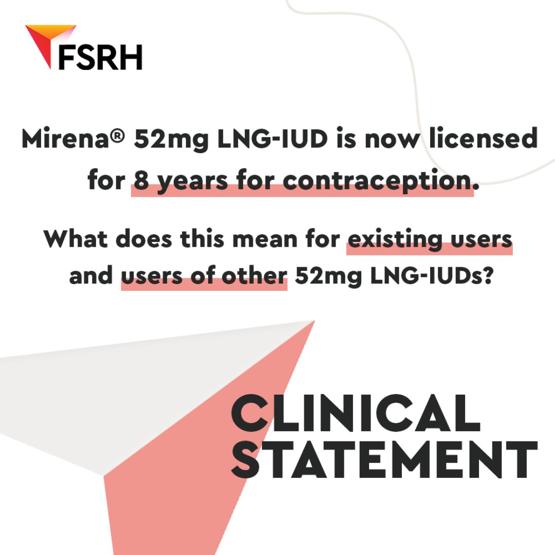 The FSRH has issued a statement on Mirena® 52mg LNG-IUD which is now licensed for 8 years for contraception, so what does this mean for existing users and users of other 52mg LNG-IUDs? 🤔⁠
⁠