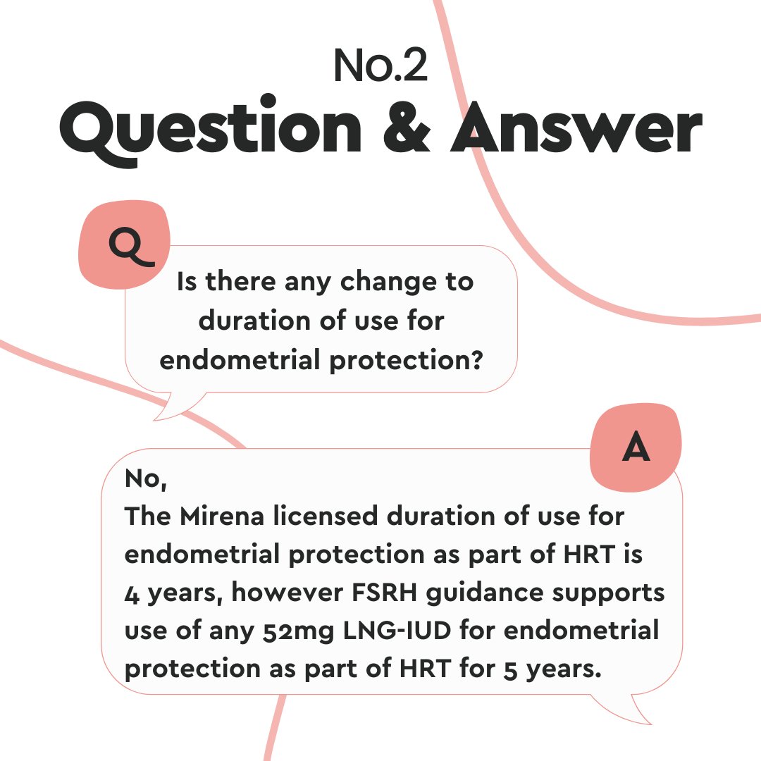 COSRH_UK's tweet photo. 2️⃣ Is there any change to duration of use for endometrial protection?⁠
⁠
No, the Mirena licensed duration of use for endometrial protection as part of HRT is 4 years, however FSRH guidance supports use of any 52mg LNG-IUD for endometrial protection as part of HRT for 5 years.⁠ https://t.co/K0KiI6FtOT