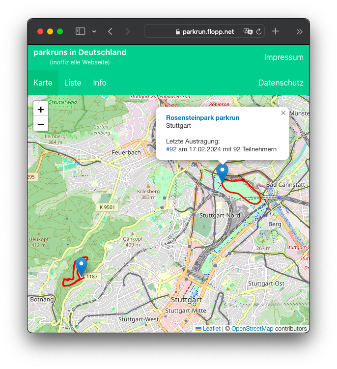 Meine inoffizielle parkrun-Karte zeigt jetzt auch die jeweiligen Laufstrecken an, wenn man weit genug reinzoomt:

parkrun.flopp.net

#parkrun #gis #leaflet #openstreetmap