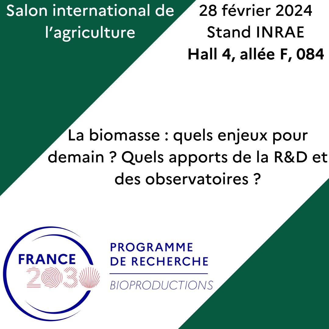 🗓️Vous prévoyez de visiter le salon de l’agriculture le 28 février prochain ?

Rendez-vous sur le stand INRAE de 14h à 16h pour découvrir pourquoi la biomasse est au cœur des enjeux du développement durable, de la bioéconomie et de l'économie circulaire !
🧭hall 4, allée F, 084