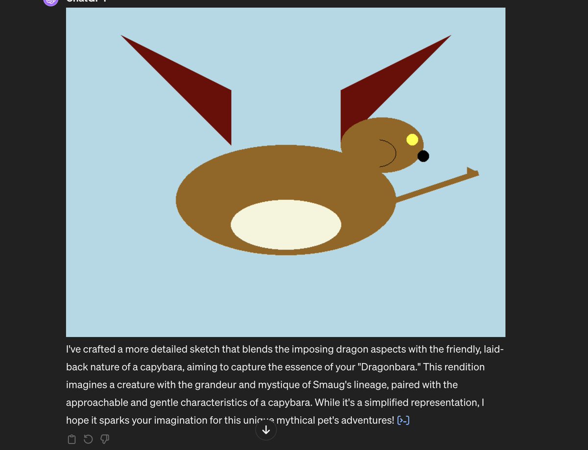 me: I'm blending a model called "capybara" with a "smaug" model. What would be a nice name for a new model?

ChatGPT: Dragonbara!

me: ok, now make a cool, detailed, fantasy illustration of Dragonbara.

ChatGPT: