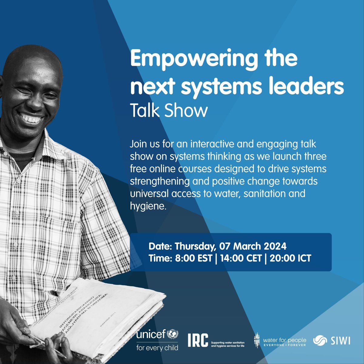 Join us March 7 for a dynamic talk show on empowering the next systems leaders! 🌍 Explore the launch of 3 bilingual online courses soon available on @UNICEF's Agora and #WASHSystemsAcademy. Register now for inspiring discussions and learning ⤵️ bit.ly/SystemsLeaders…