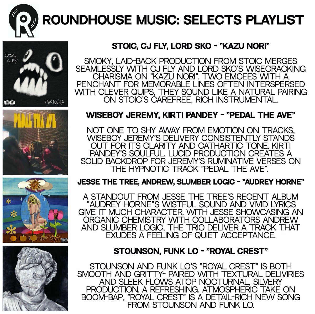Roundhouse Music: Selects playlist updated to add some new tracks we can recommend putting on your radar + short write-ups on why we selected some of these tracks for the playlist.

Listen here: open.spotify.com/playlist/5lSZQ…
