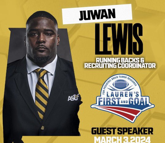 Coach_Jlew's tweet photo. TALKING BALL FOR A GREAT CAUSE!!!! 

Next Saturday, I will have the opportunity to represent Bama State Football VIRTUALLY on this years Lauren’s First & Goal football Clinic where I’ll be discussing my most recent RB Drill Tape. 

All proceeds go to research for pediatric brain cancer. Looking forward to seeing all who attend!

#SWARMAS1