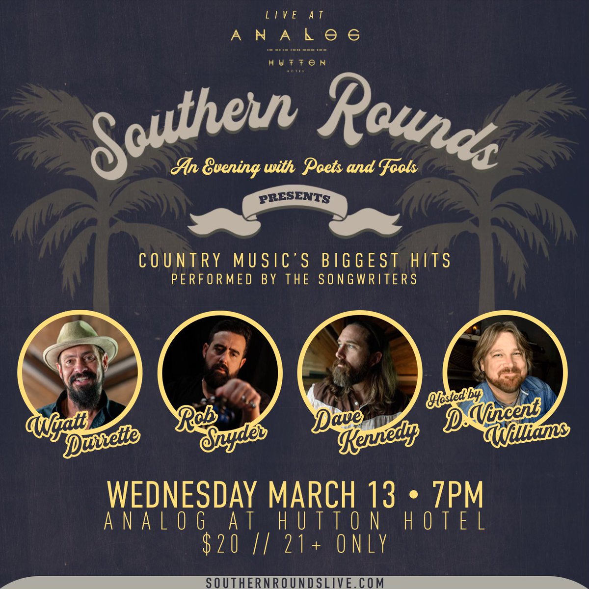 🚨On March 13th, we have an incredible line up of @WyattDurrett , @BigRobSnyder, and @DaveKennedyJr, who have written songs for artists such as #LukeCombs, #ZacBrownBand, #davissonbrothers, and many more! Hosted by @DVincentMusic. Tickets are NOW AVAILABLE at the link in bio!