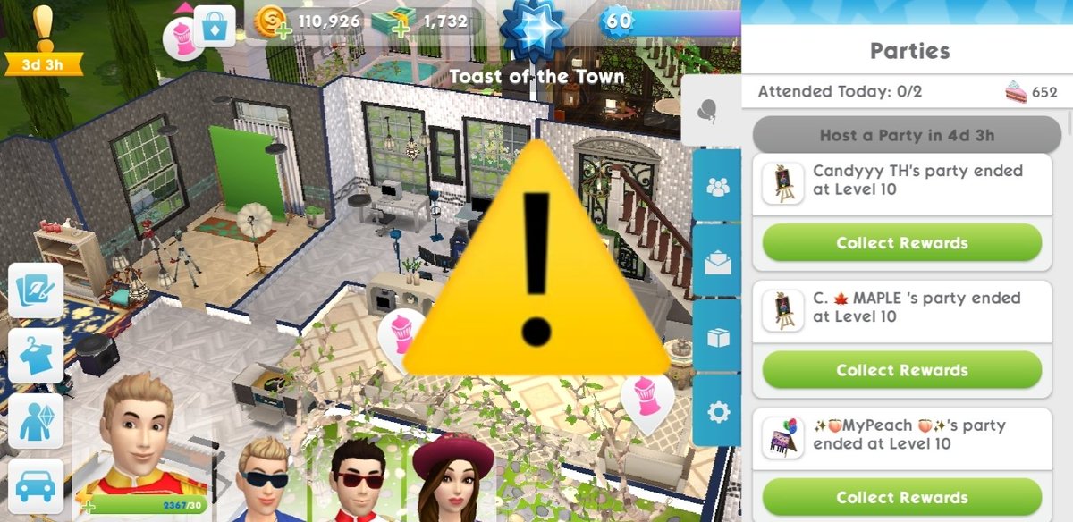 JeanJeansZ's tweet photo. Breaking! I'm having a party issue, I hosted a party at 13:00 UTC, and one of my friend hosted a party at the same time, I tried to attend but the game crashed! I re-entered the game and the party's gone! I tried many things to get the party back but not worked. 
@TheSimsMobile https://t.co/ztf8hLT71w