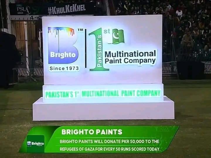Impressive step by @TheRealPCBMedia @BrightoPaintsPK They are donating PKr. 50,000 to the Refugees of Gaza for every 50 Runs scored in #PSL2024 single match 👏

#ImranRiazKhan #HBLPSL9 #BoycottPSL #INDvENG #PSL9 #brightopaints