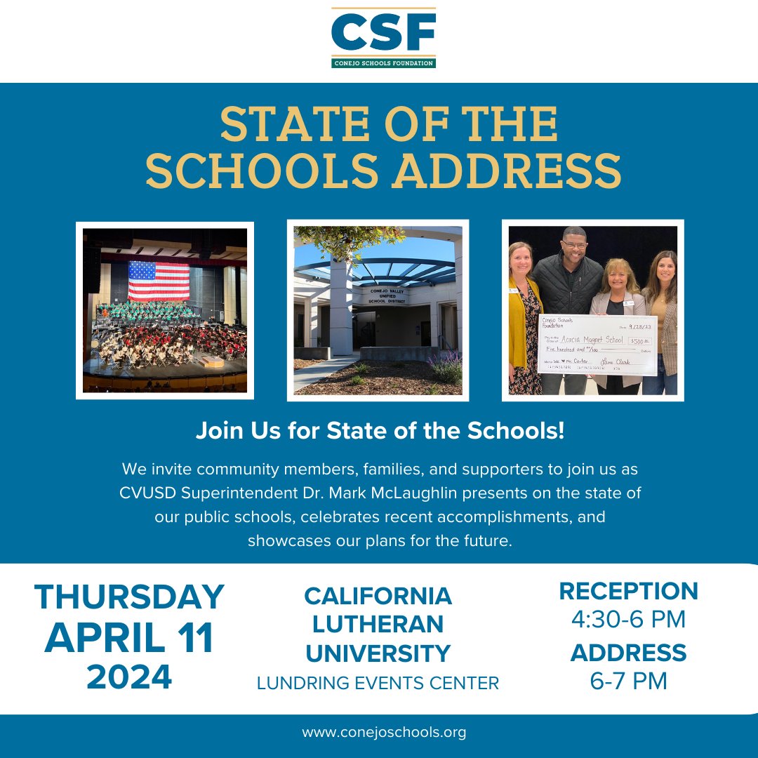 Join us for the State of the Schools on April 11th to learn about the amazing things taking place in Conejo Valley Unified School District! …joschoolsfoundation-bloom.kindful.com/e/state-of-the…