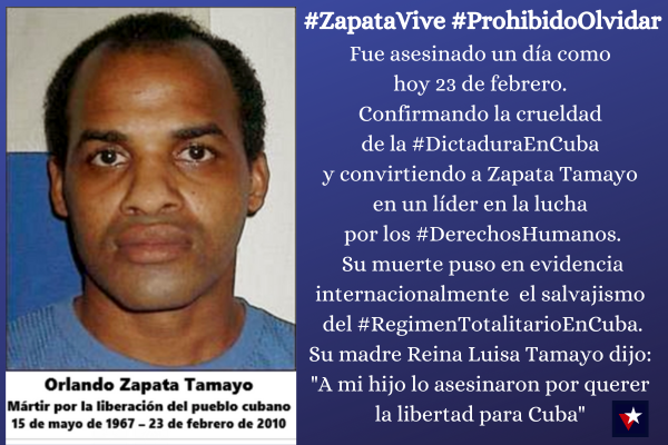 vozdelafnca's tweet photo. #OrlandoZapataTamayo fue asesinado el 23 de febrero de 2010, confirmando la crueldad de la #DictaduraEnCuba y convirtiendolo en un líder en la lucha por los #DerechosHumanos
Su madre Reina Luisa Tamayo dijo: "A mi hijo lo asesinaron por querer la libertad para Cuba" 
#ZapataVive https://t.co/VQWjwfd4sl