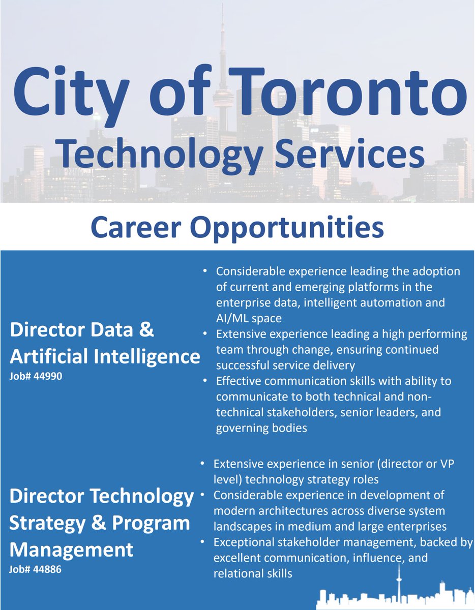 Our Technology Services team is recruiting for two (2) key leadership roles

Director Data &amp; Artificial Intelligence-jobs.toronto.ca/jobsatcity/job…
Director Technology Strategy and Program Management-jobs.toronto.ca/jobsatcity/job…