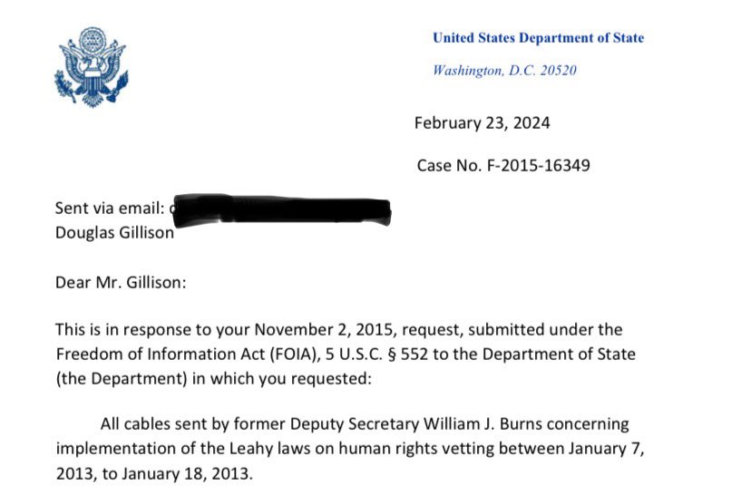 Warmest thanks to <a href="/StateDept/">Department of State</a> for reaching out to ask if I’m still interested in the single cable I requested 8 1/2 years and three presidential admins ago… #FOIAfriday