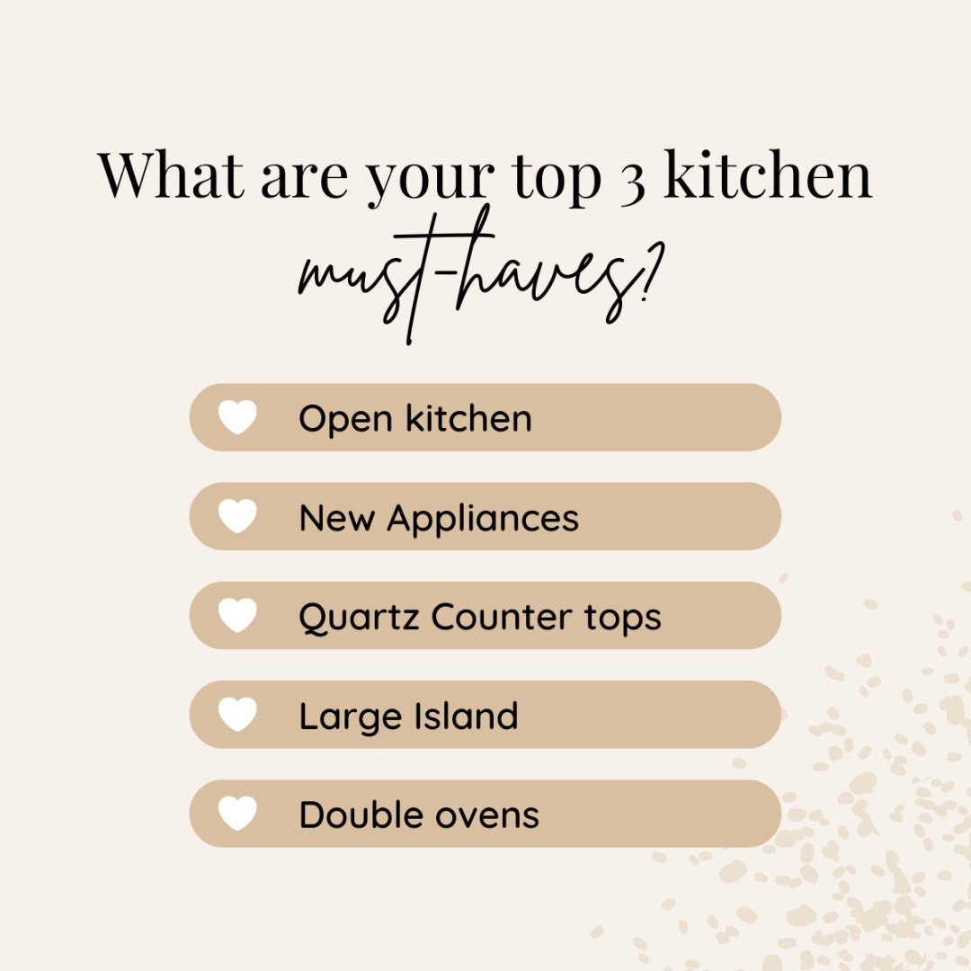 MStroughn's tweet photo. Are you dreaming of your ideal kitchen? 🍳 What are your top 3 essentials: Open layout, the latest appliances, quartz countertops, a big island, or double ovens? Share your kitchen must-haves! 

#dreamkitchen #kitchengoals #homedesign #musthaves https://t.co/c6k3TkvcY8