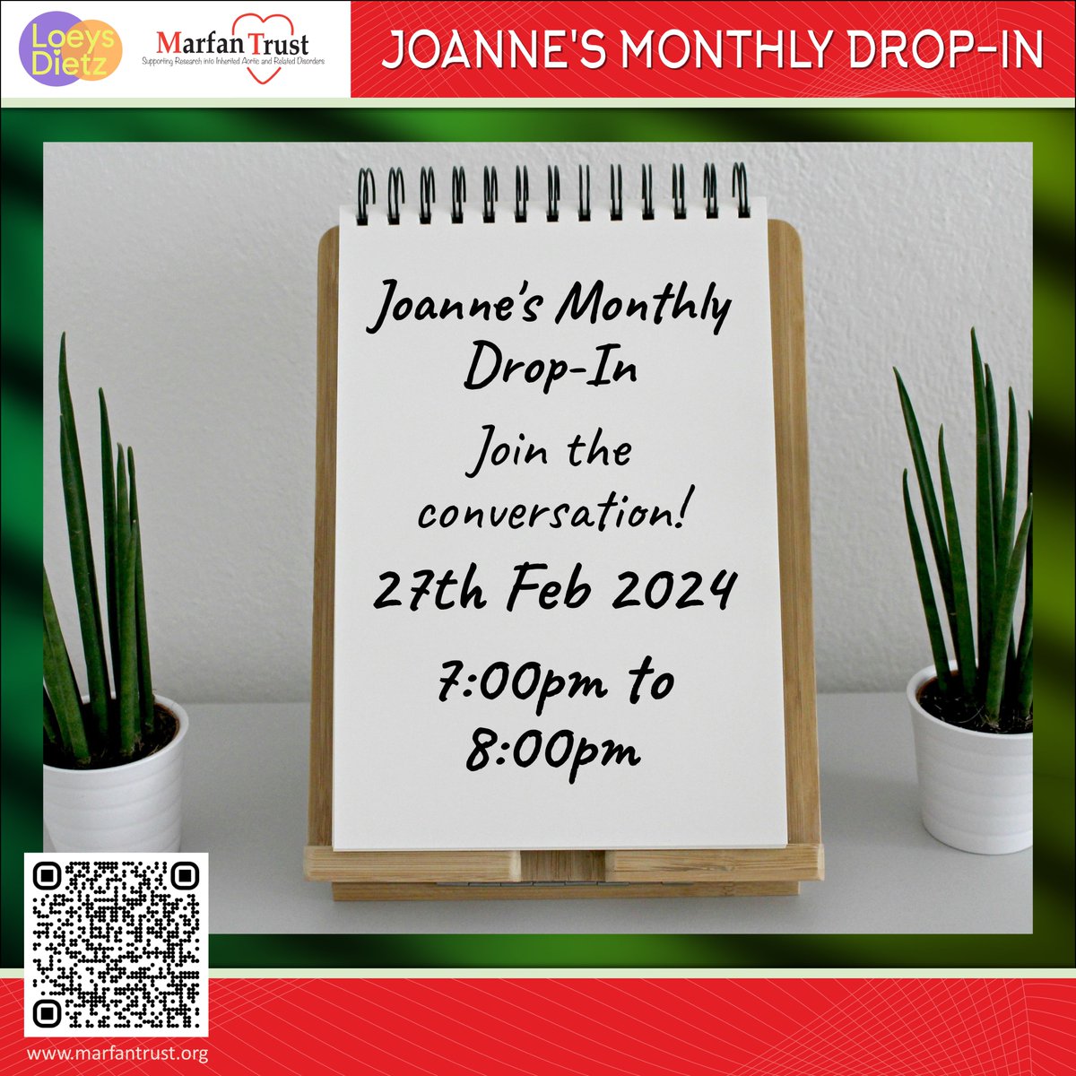 Joanne's monthly drop-in resumes this Tuesday, 27 February at 7pm. Why not pop by for an informal conversation on Marfan matters? It's an opportunity to meet fellow supporters, ask questions, share worries and swap tips. bit.ly/3wkcyuT