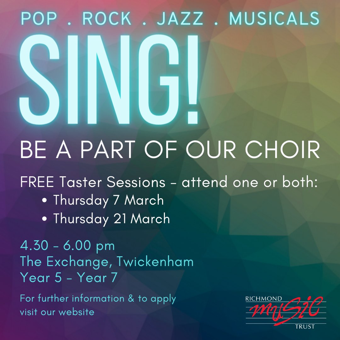 📢 Exciting News! 📢

The RMT Choir is starting from the summer term &amp; we have two FREE taster sessions in March!

To sign up and for more info, go to our website: rb.gy/cgksow

#RichmondMusicTRust #RMTChoir
