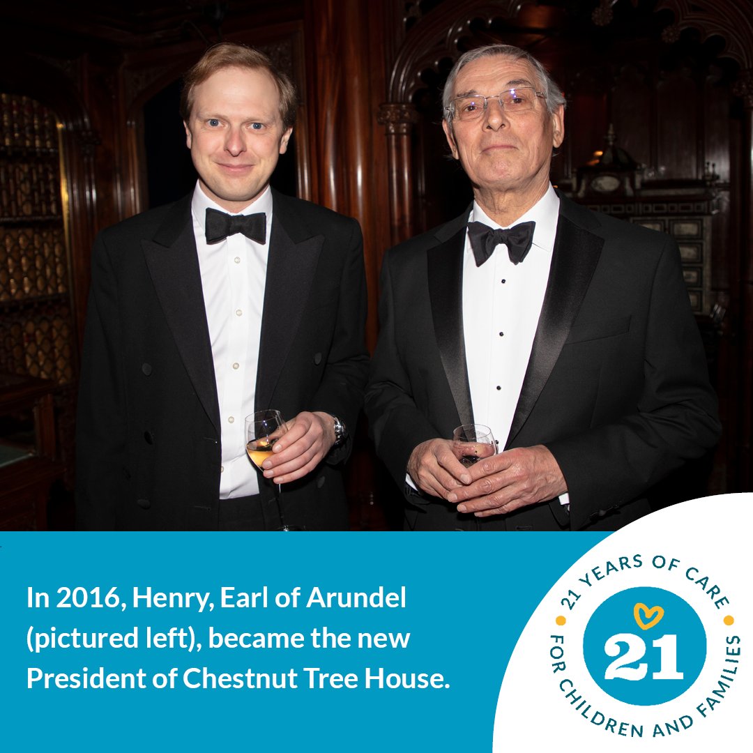 #OnThisDay in 2016, Henry Fitzalan Howard, the Earl of Arundel and Surrey, became Chestnut Tree House’s new President. Henry is pictured here (on the left) with our Chair of Trustees Mike at a Gala Dinner he hosted at Arundel Castle.