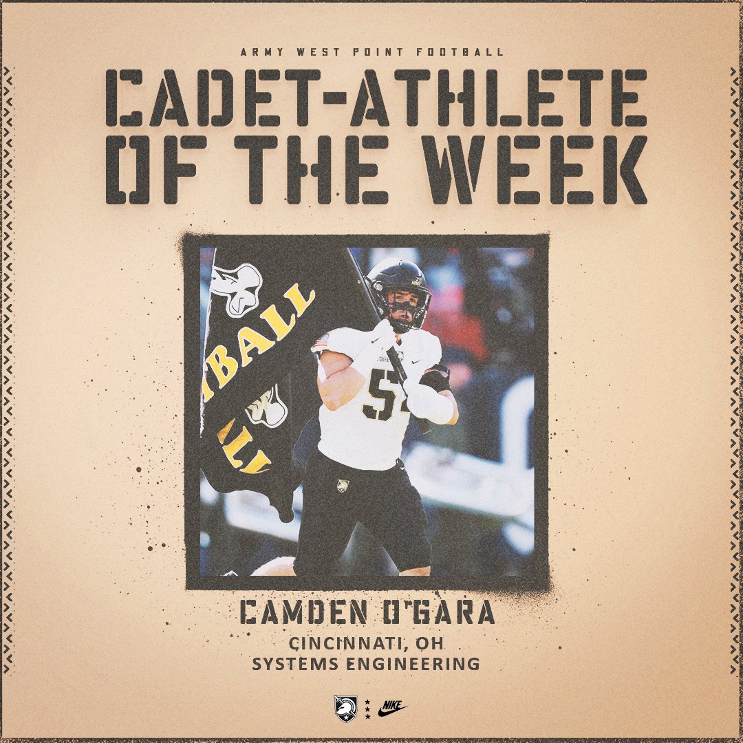 Our Cadet-Athlete of the Week is Camden O'Gara 👏👏👏 The LB is majoring in Systems Engineering and was a member of the Dean's List during the fall semester. #GoArmy
