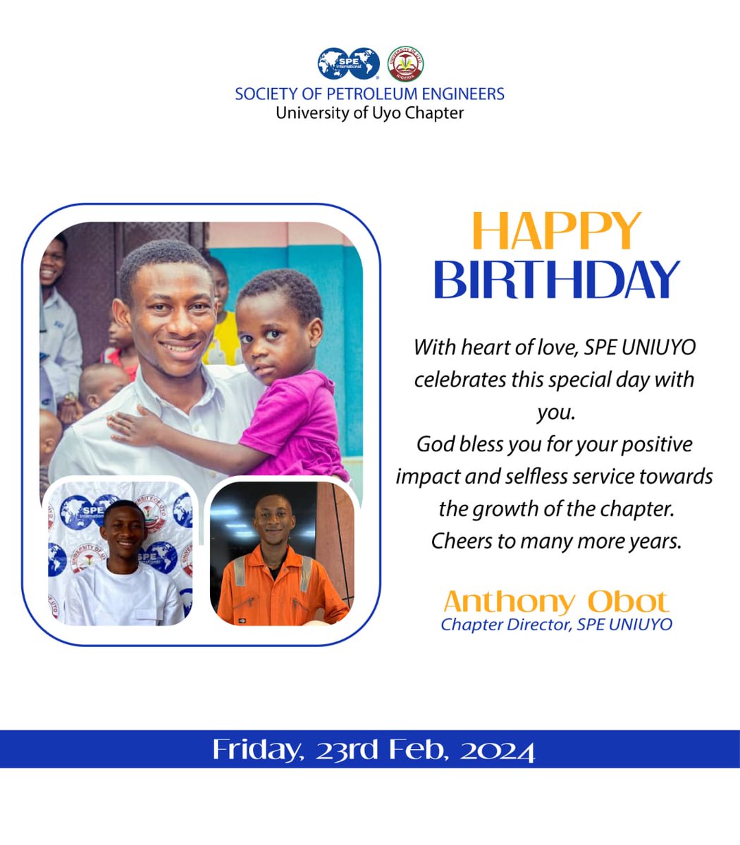 SPE UNIUYO (@spe_uniuyo) on Twitter photo Happy Birthday, Anthony Obot! π Your leadership as the Chapter Director at SPE UNIUYO is truly commendable. Wishing you a year filled with success, joy, and continued dedication to the society. Thank you for your invaluable contributions! ππ
<a href="/SPEtweets/">SPE International</a>
<a href="/NigeriaSPE/">SPE NIGERIA</a>
<a href="/SPE_UNIUYO/">SPE UNIUYO</a> Happy Birthday, Anthony Obot! π Your leadership as the Chapter Director at SPE UNIUYO is truly commendable. Wishing you a year filled with success, joy, and continued dedication to the society. Thank you for your invaluable contributions! ππ
<a href="/SPEtweets/">SPE International</a>
<a href="/NigeriaSPE/">SPE NIGERIA</a>
<a href="/SPE_UNIUYO/">SPE UNIUYO</a>
