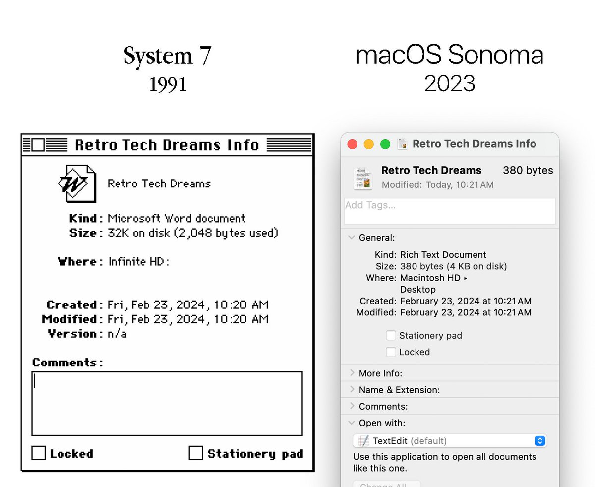 Get Info on macOS looks pretty much the same 33 years later, including the Stationery Pad feature