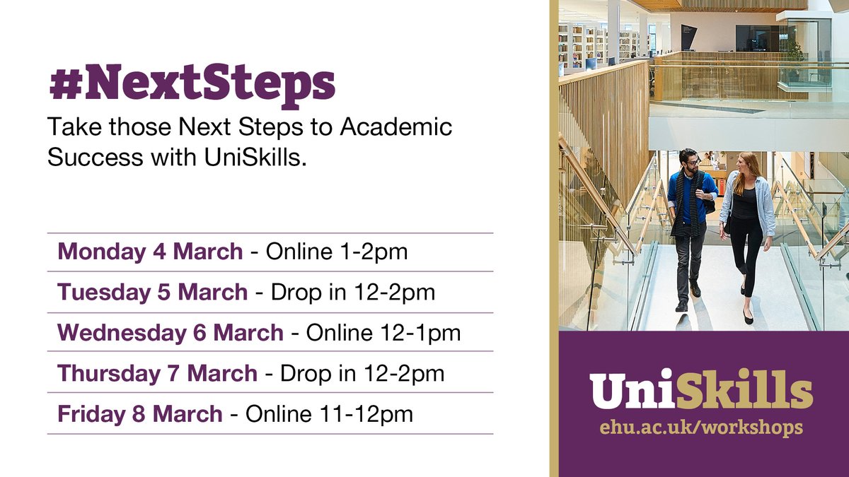 Your students can join our UniSkills Student Advisors as they explore those #NextSteps to academic success. Our drop in and workshops will focus on proofreading, referencing, study-life balance tips and much more! Find out more and book a place: ehu.ac.uk/workshops