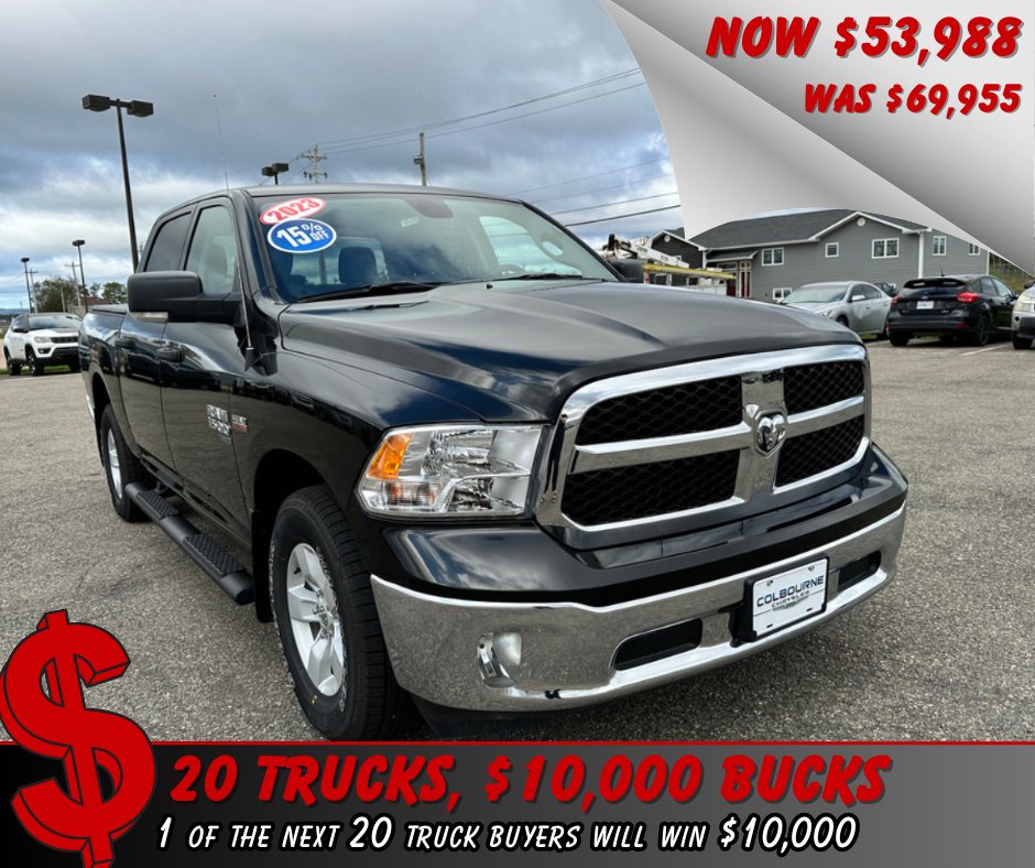 It's Truck Month at Colbourne Chrysler! 🛻💨 

Snag  this 2023 Ram 1500 Classic SLT now 20% off! 🎉 Comes with mud flaps, tonneau cover, side steps, and bedliners! 🛠️ 

Be one of the next 16 truck buyers for a 1 in 20 chance to win $10,000! 🌟 

📲: colbournechrysler.com/vehicles/2023/…