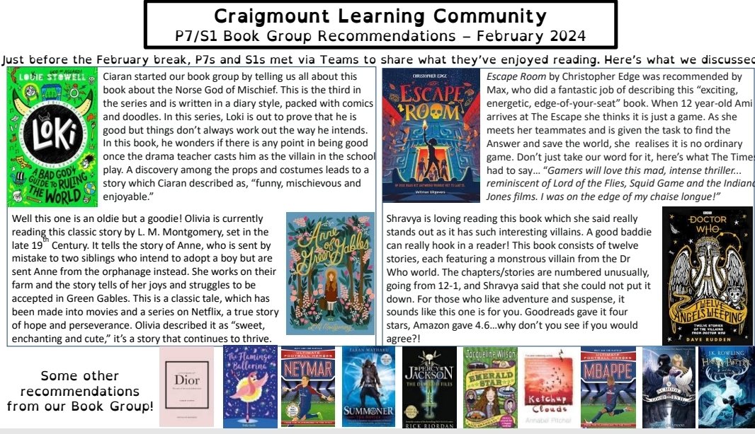 Wanting something new to read? Here's the recommendations from our P7/S1 Learning Community Book Group from our February meeting.  Hope you find something you like! #keepreading