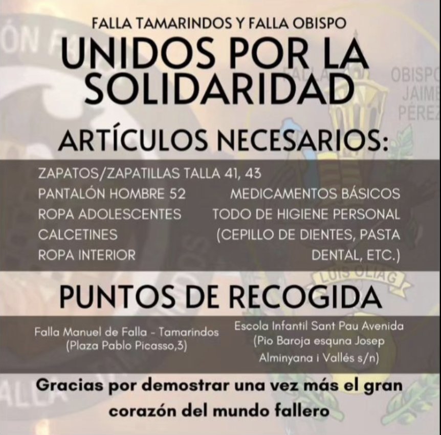 ZapatosDeClaque's tweet photo. #Falles24 | Onada de #solidaritatfallera per ajudar a les famílies afectades per l'incendi de #Campanar. Hui obrin molts casals fallers per arreplegar roba i productes d'higiene personal. https://t.co/wRfBIWGYvJ
