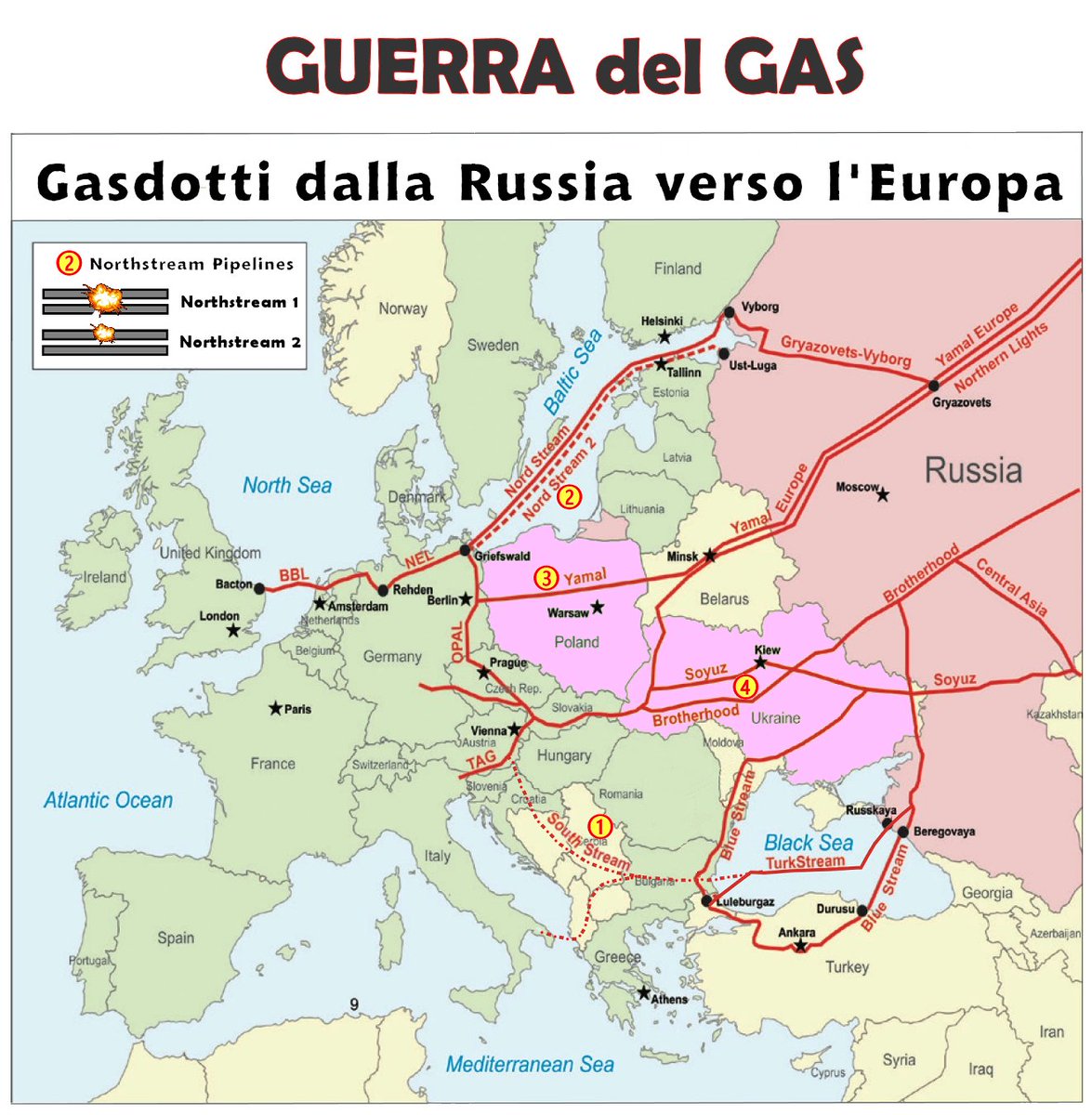 Cesari_trap's tweet photo. #energia #gasdotti  #NordStream  #Ucraina #GuerraGas #Putin

𝗚𝗨𝗘𝗥𝗥𝗔 𝗗𝗘𝗟 𝗚𝗔𝗦

Dietro la guerra in Ucraina si nasconde una guerra nascosta, sottotraccia, ben più importante per gli Stati Uniti, che riguarda i rapporti tra Russia ed Europa.

Per approfondire l’argomento  https://t.co/XouanJMZ5V

Gli USA, da sempre, non vogliono che si stringano stretti rapporti economici tra Russia ed Europa, perché hanno paura che tale unione possa mettere a rischio l’egemonia del dollaro, l’economia nazionale ed il tenore di vita degli americani.

La fornitura di gas della Russia verso l’Europa crea un rapporto di collaborazione commerciale tra le due potenze, molto pericoloso per gli Stati Uniti, che hanno sempre cercato di ostacolare la costruzione di gasdotti provenienti dalla Russia.

Nella recente intervista di Tucker Carlson a Putin, alla domanda di chi ha sabotato il gasdotto Nord Stream, Putin ha fatto il punto della situazione dei Gasdotti, che è riassunta nella mappa.

➀ Il Gasdotto Southstream, progettato ed appaltato, non è mai partito perché la Bulgaria, su pressioni degli Stati Uniti, si è opposta al passaggio del gasdotto, rimangiandosi gli accordi commerciali già presi.

➁ I gasdotti Northstream sono stati sabotati a settembre del 2022. Il Northstream1 è fuori uso, ma il Northstream2 ha una tubatura ancora funzionante e potrebbe essere utilizzata, ma la Germania non autorizza il suo utilizzo.

➂ Il Gasdotto Yamal è stato bloccato dalla Polonia.

➃ L’Ucraina ha bloccato uno dei due gasdotti che passano nel suo territorio.

Giustamente, dice Putin: “Come mai nessuno vuole scoprire chi ha distrutto il Northstream? Come mai nessuno reclama, specialmente la Germania nei confronti della Polonia e dell’Ucraina?
Siete voi che bloccate il rifornimento di gas dalla Russia, non noi, che siamo disposti a darvelo. Siete voi che vi state facendo del male da soli. “

Ed è proprio così. Non avere energia a basso prezzo significa ridurre la propria competitività sui mercati internazionali ed avviare un processo di deindustrializzazione e di conseguente impoverimento. 

L’Europa si trova compressa tra USA e paesi asiatici che hanno l’energia a costo decisamente inferiore.

Gli USA guadagnano: vendendo più Gas GNL a prezzo maggiorato all’Europa, esportando armi in tutti i paesi della NATO e sono in prima linea nella ricostruzione post-bellica dell’Ucraina.

La Russia si sta rivolgendo verso i mercati asiatici e verso i paesi BRICS e la sua economia non mostra segni di sofferenza, nonostante le sanzioni internazionali.

𝗟’𝗘𝘂𝗿𝗼𝗽𝗮 𝗲̀ 𝗹’𝘂𝗻𝗶𝗰𝗮 𝘀𝗰𝗼𝗻𝗳𝗶𝘁𝘁𝗮, 𝗲 𝗶𝗻 𝗺𝗼𝗱𝗼 𝗽𝗲𝘀𝗮𝗻𝘁𝗲, 𝘀𝗶𝗮 𝗽𝗲𝗿 𝗴𝗹𝗶 𝗲𝗳𝗳𝗲𝘁𝘁𝗶 𝗱𝗲𝗹𝗹𝗮 𝗚𝘂𝗲𝗿𝗿𝗮 𝗱𝗲𝗹 𝗚𝗮𝘀 𝗰𝗵𝗲 𝗱𝗲𝗹𝗹𝗮 𝗚𝘂𝗲𝗿𝗿𝗮 𝗶𝗻 𝗨𝗰𝗿𝗮𝗶𝗻𝗮.