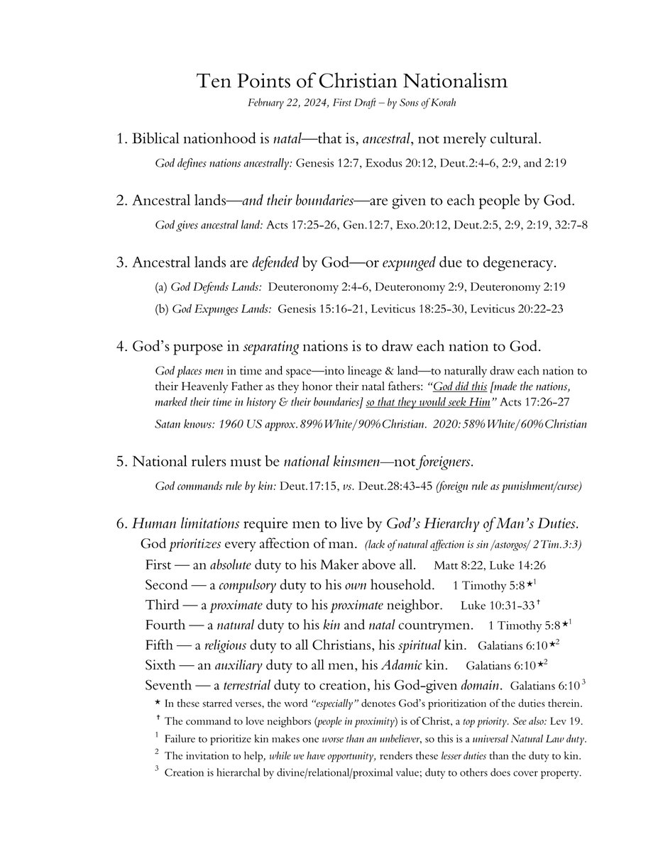 KorahSons's tweet image. Ten Points on Christian Nationalism
I welcome feedback & correction on this distillation of biblical nationhood, governance, and patriarchy into a ten-point document on Christian Nationalism.
PDF—Draft 1, Feb 2024:
dropbox.com/scl/fi/0rhvjof…
