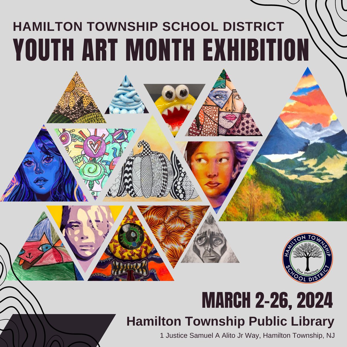 WeAreHTSD's tweet photo. 📣 Upcoming Events in Hamilton!
HTSD Youth Art Month Exhibition

🗓 March 2024
🏡 @HamiltonTwpNJ Public Library
🕰 Receptions: Elementary 3/4 - 5:30-7:30pm &amp; Secondary 3/6 - 6:00-8:00pm

#HTSD #HTSDpride 
@ScottRRocco @HTSDSecondary @HTSDCurriculum @KerriSullivan @LauraGeltch https://t.co/faPHlzkPRo