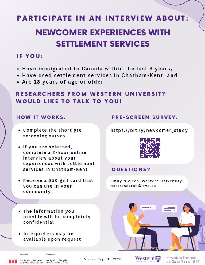 Share your experiences of settlement services in #CKOnt and receive a $50 gift card! 
Scan the QR code to complete the pre-screen survey. Email nestresearch@uwo.ca if you have any questions.

#CKImmigrationMatters #CKAttractionPromotion