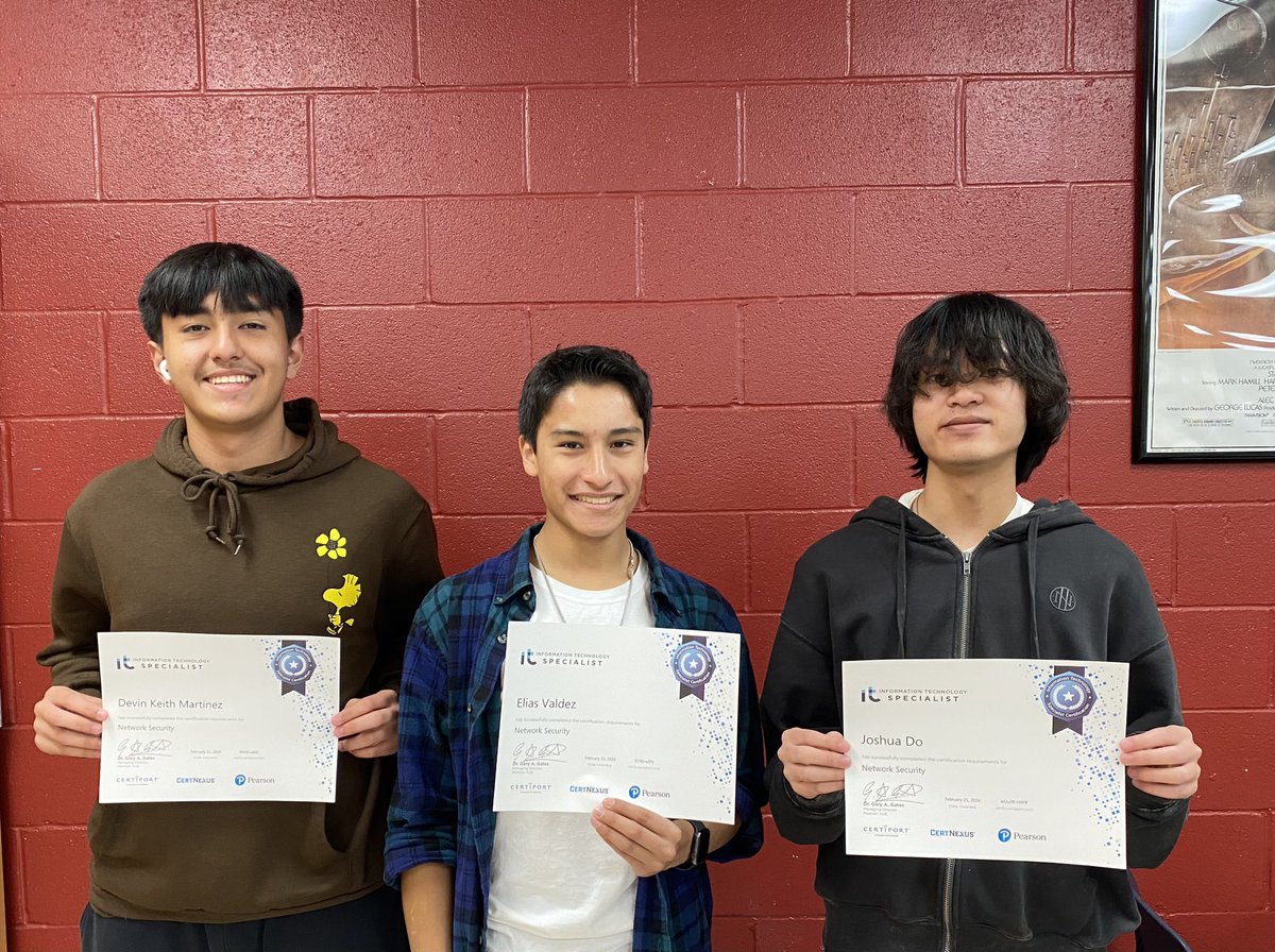 Congratulations to Devin, Elias, and Joshua for earning certification in IT Specialist Network Security. Welcome to the #certifiedraider club! <a href="/NISDTaft/">Taft HS</a> @nisd <a href="/NISD/">Northside ISD</a>_CTE