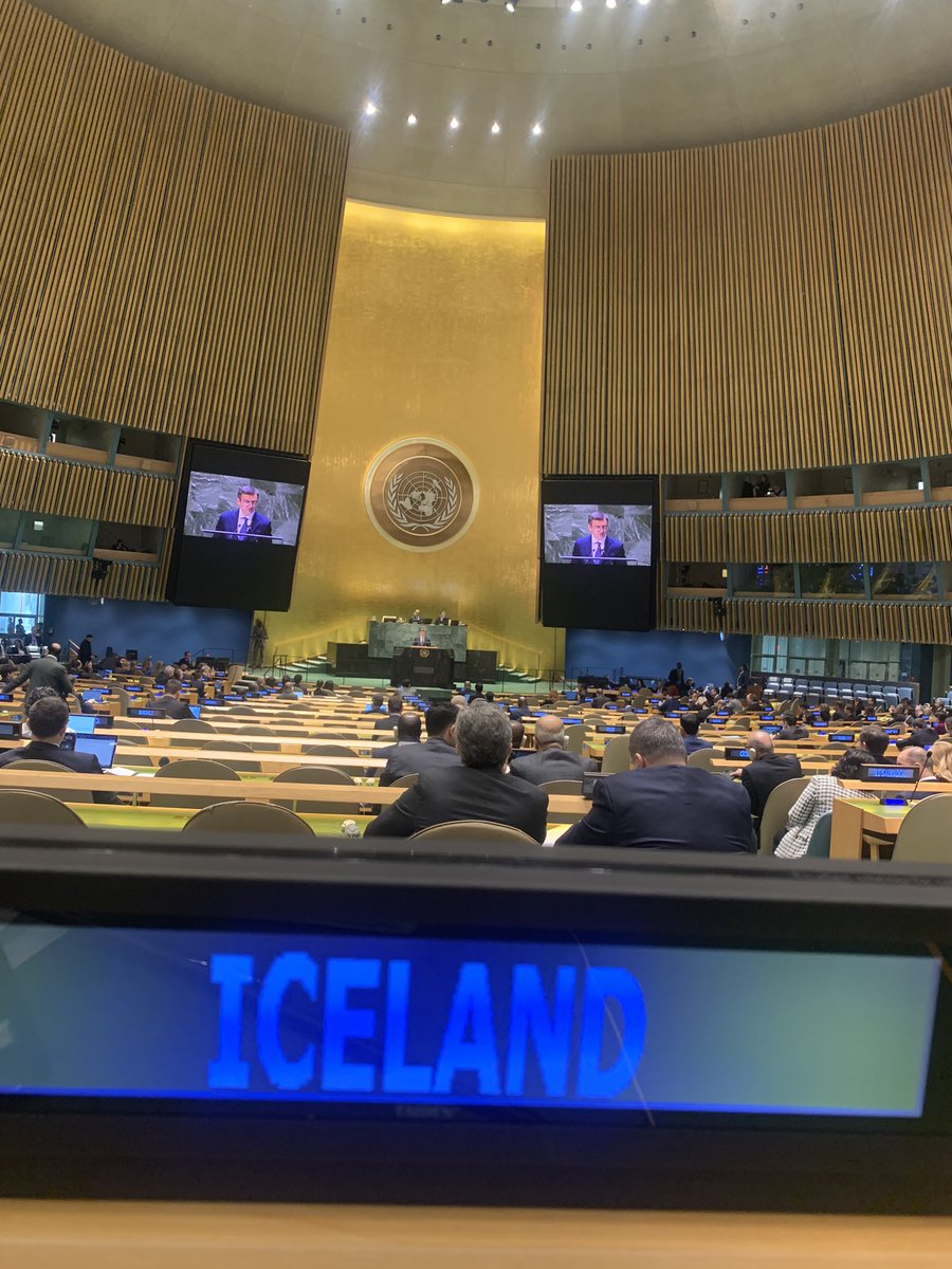 Strong statement by 🇺🇦 FM <a href="/DmytroKuleba/">Dmytro Kuleba</a> in #UNGA 🇺🇳 as two years have passed since the Russian full-scale senseless and unprovoked invasion in #Ukraine️. Overwhelming support and solidarity in the Hall. #Iceland 🇮🇸 continues to #StandWithUkraine. Their fight is our fight.