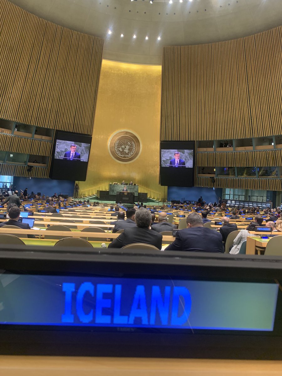 Strong statement by 🇺🇦 FM @DmytroKuleba in #UNGA 🇺🇳 as two years have passed since the Russian full-scale senseless and unprovoked invasion in #Ukraine️. Overwhelming support and solidarity in the Hall. #Iceland 🇮🇸 continues to #StandWithUkraine. Their fight is our fight.