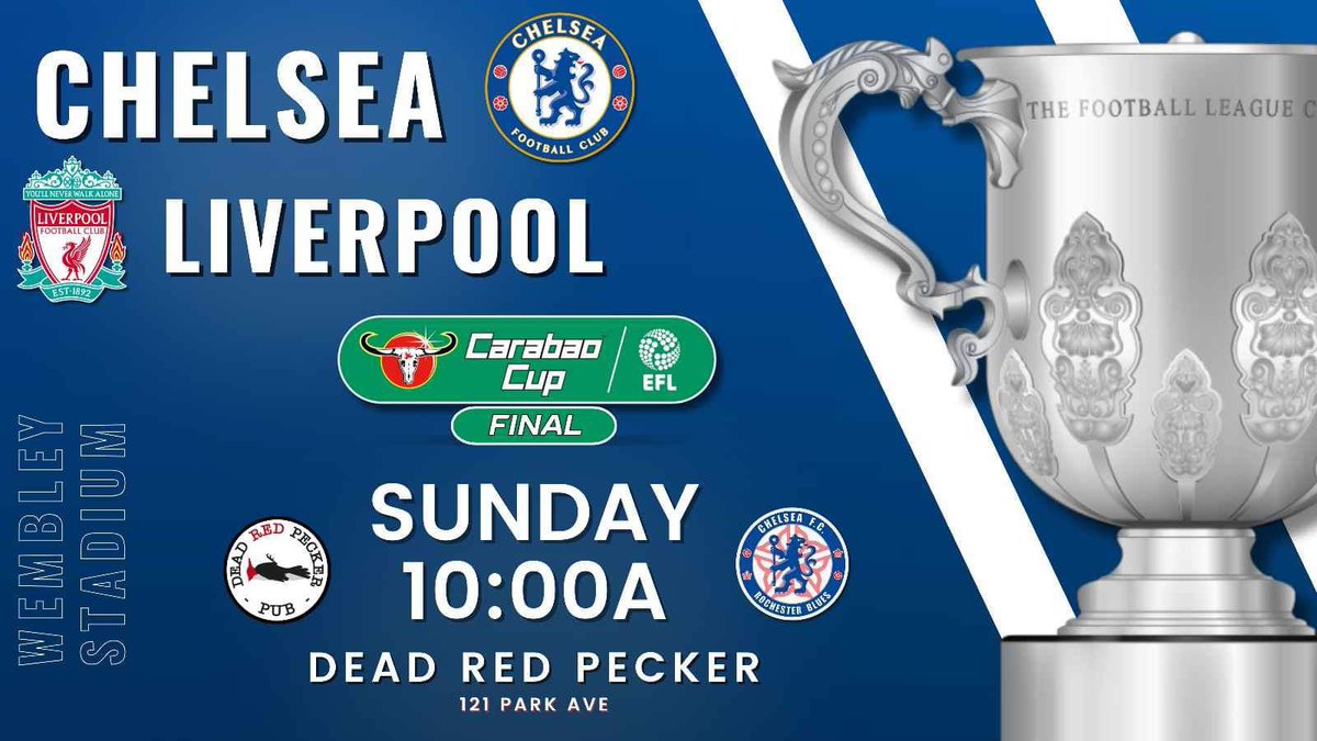 RocCFC's tweet photo. Come down to Dead Red Pecker Pub at 10am on Sunday for the Carabao Cup Final as the mighty Chelsea Blues take on the Reds from Liverpool! We will be appearing on Match Day Live during the broadcast so be sure to wear your favorite kit! https://t.co/Mfu9RJQKwr