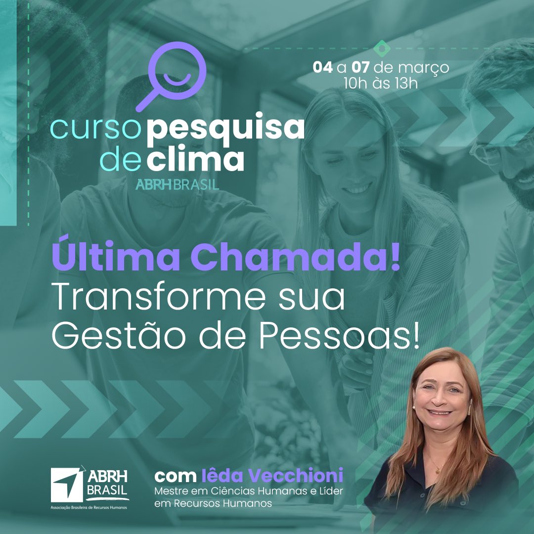 ⏳ Última Chamada! As inscrições para o nosso curso online de Pesquisa de Clima Organizacional estão se encerrando. Aproveite esta última chance para se tornar um líder diferenciado e compreender profundamente o seu ambiente de trabalho. abrhbrasil.org.br/cpc/#inscrevase