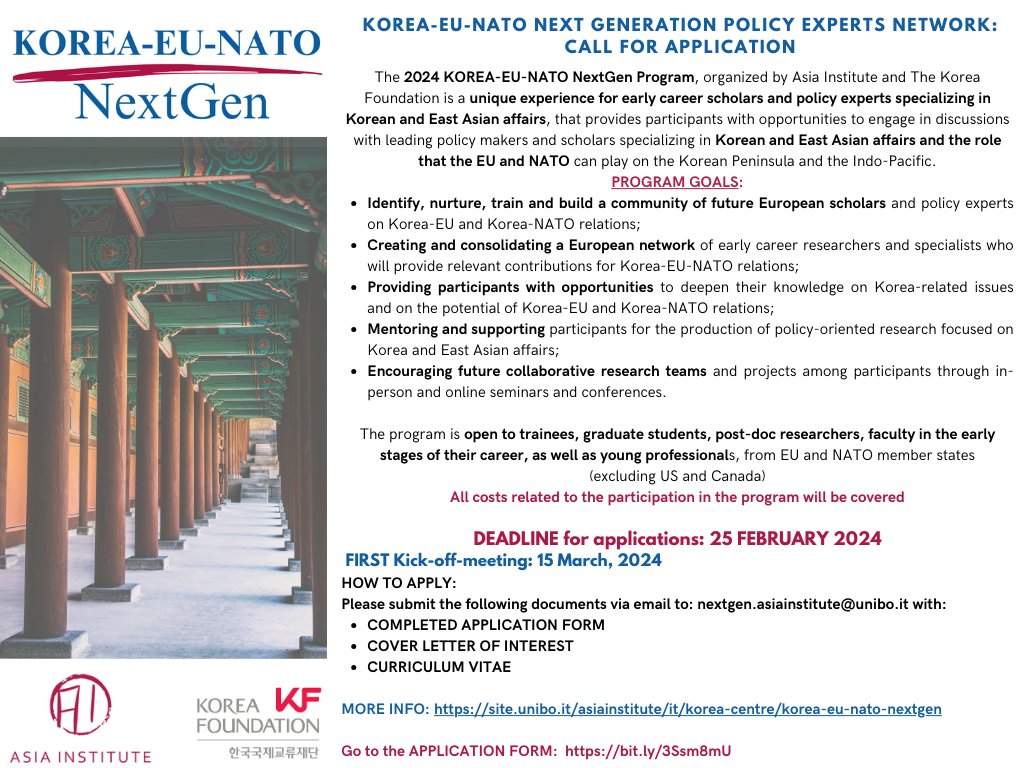 MarcoMilani05's tweet photo. ---KOREA-EU-NATO NextGen Policy Expert Network--- There are still a few days left to apply for this wonderful new program for young researcher and professionals interested in Korea and based in Europe.
Deadline: 25 February 2024
All the info here: https://t.co/E45RDGYqSs https://t.co/gQK0SqTYX3
