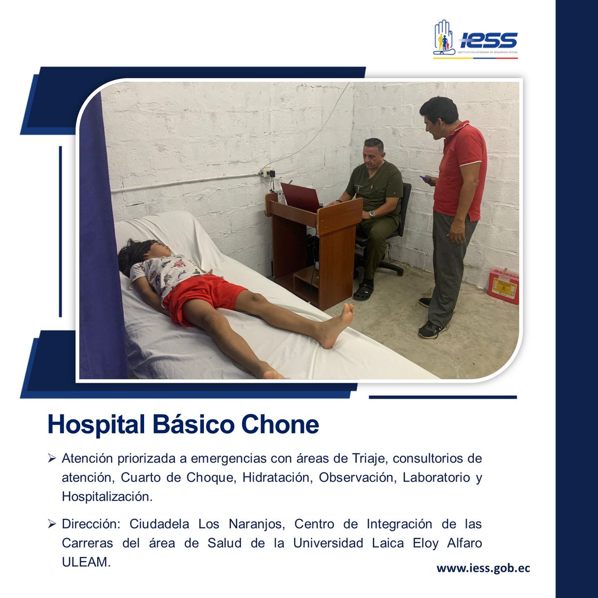 IESS_Manabi's tweet photo. #IESSteInforma | Durante la emergencia por las inundaciones y temporada invernal , el Hospital Básico Chone brinda atención por Emergencia y Hospitalización, de lunes a domingo las 24 horas del día.🧑‍⚕️

Garantizamos servicios oportunos de salud.🏥 https://t.co/c4YLFaQmF0