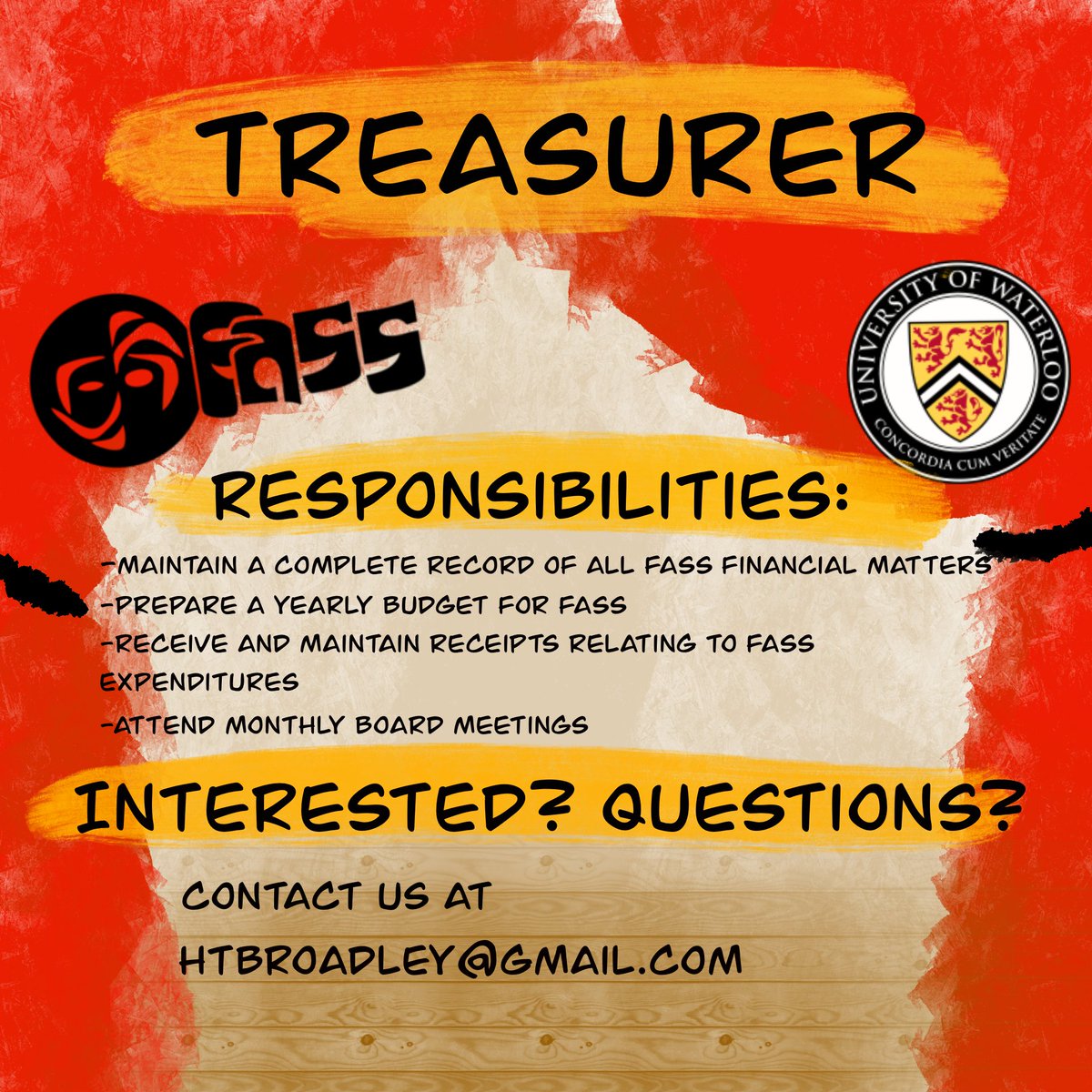 UW_FASS's tweet photo. Hey FASSies! We're looking to appoint a new treasurer! If you're interested or have any more questions about the position, feel free to reach out at htbroadley@gmail.com https://t.co/9VuQSWnMB7