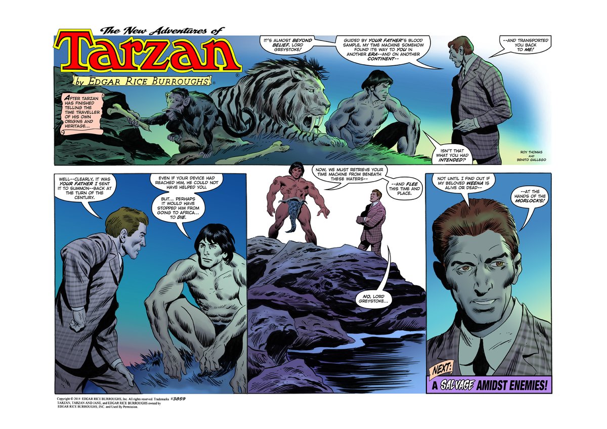 Episode #3859 of 'The New Adventures of Tarzan.' Written by Roy Thomas. Art by Benito Gallego. Full Access to All strips for only $21.99/year at edgarriceburroughs.com/comics/
#benitogallego #tarzan #edgarriceburroughs #roythomas #timemachine #lion #monkey #hamlet #hero #comics